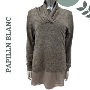 Papillon Blanc Soft Knit Tunic Top with Chiffon Trim - Size Small